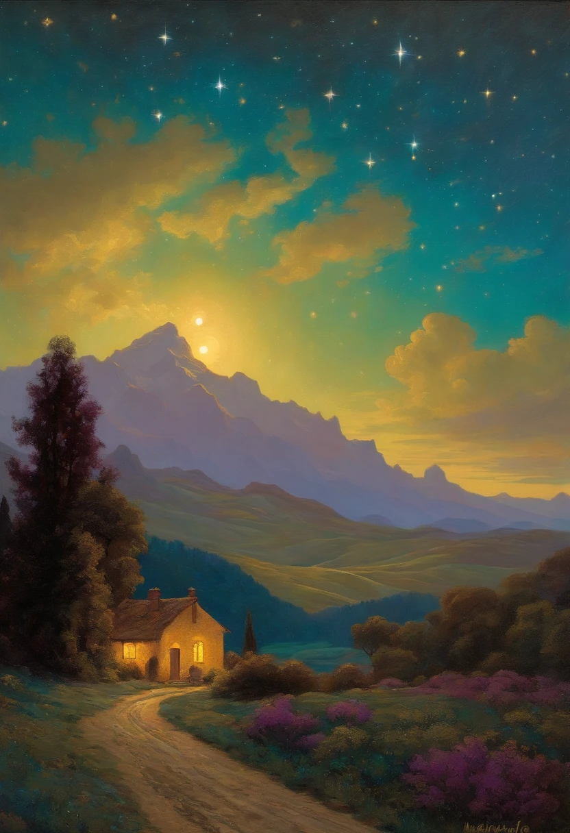 an Gogh's 'Starry Night', cyan magenta gold, glowing light, flowing brush strokes, impasto by Maxfield Parrish, Alphonse Mucha"