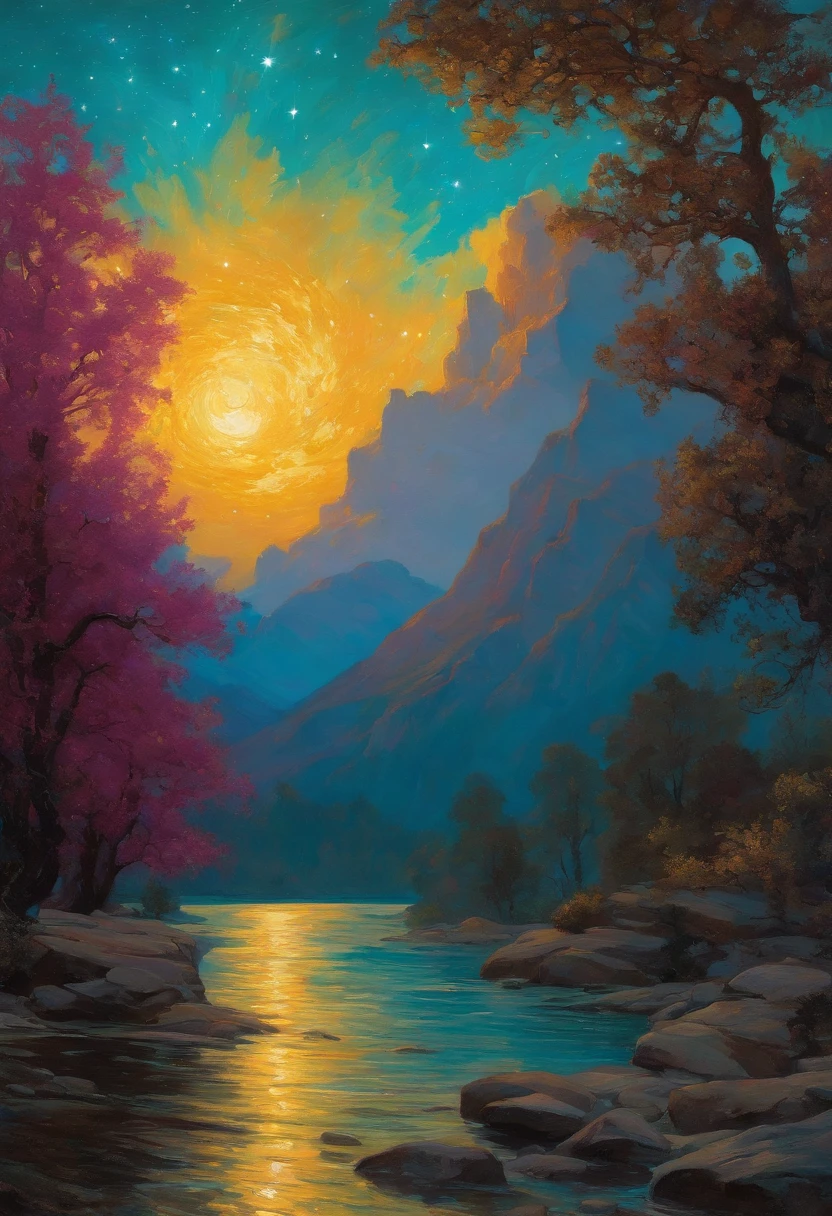 an Gogh's 'Starry Night', cyan magenta gold, glowing light, flowing brush strokes, impasto by Maxfield Parrish, Alphonse Mucha"