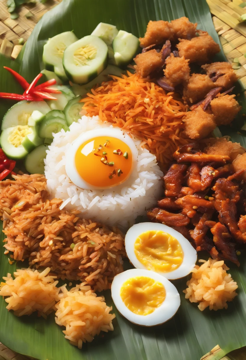 Create an appetizing and visually enticing photograph that showcases the perfect Malaysian nasi lemak. Highlight the vibrant colors and textures of the fragrant coconut rice, spicy sambal, crispy fried anchovies, fresh cucumber slices, and a perfectly boiled egg, all beautifully arranged on a banana leaf. Capture the essence of this beloved Malaysian dish in a way that makes viewers crave its delicious flavors