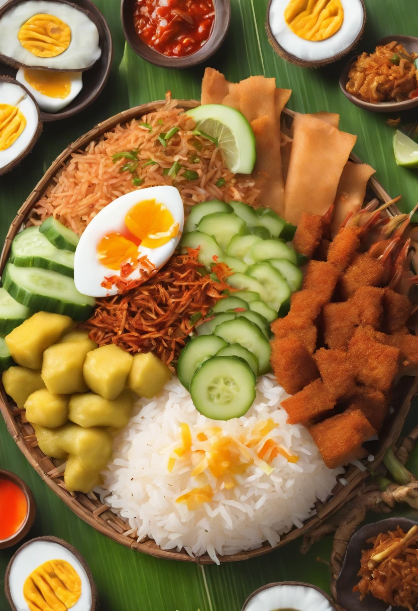 Create an appetizing and visually enticing photograph that showcases the perfect Malaysian nasi lemak. Highlight the vibrant colors and textures of the fragrant coconut rice, spicy sambal, crispy fried anchovies, fresh cucumber slices, and a perfectly boiled egg, all beautifully arranged on a banana leaf. Capture the essence of this beloved Malaysian dish in a way that makes viewers crave its delicious flavors