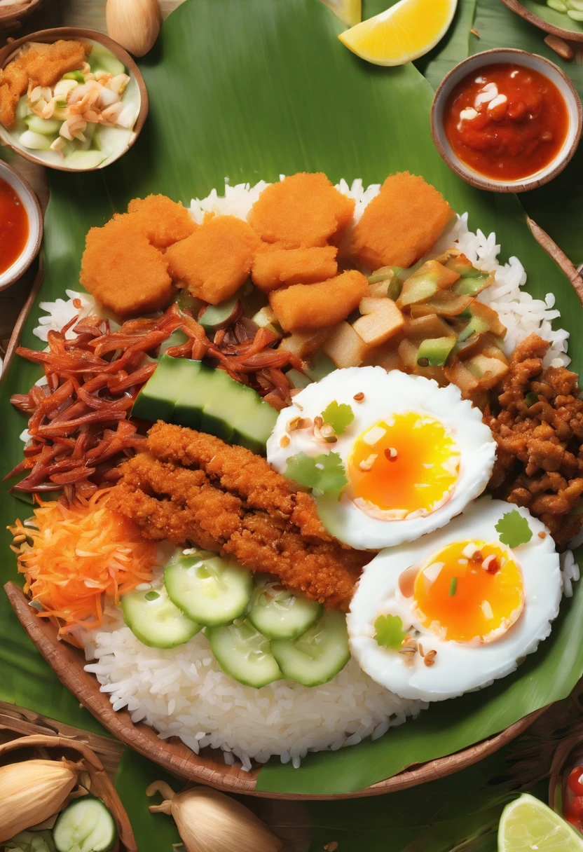 Create an appetizing and visually enticing photograph that showcases the perfect Malaysian nasi lemak. Highlight the vibrant colors and textures of the fragrant coconut rice, spicy sambal, crispy fried anchovies, fresh cucumber slices, and a perfectly boiled egg, all beautifully arranged on a banana leaf. Capture the essence of this beloved Malaysian dish in a way that makes viewers crave its delicious flavors