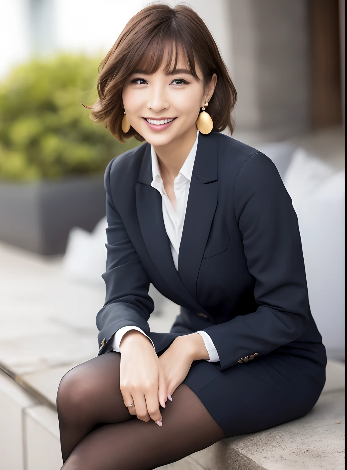 (8k, Best Quality, Masterpiece:1.2), (Realistic, Photorealistic:1.37), Ultra Detail, 1 Girl, Full Body, Outdoor, (Adjusted Hair:1.5) Office Lady, Black Office Blazer, Office Skirt, (pantyhose: 1.2), (short button-down shirt: 1.2), button-up collar prim, button-down collar prim, bra, (pantyhose: 1.2), alpha layer, high heels, beautiful earrings, cute, solo, beautiful detailed sky, (smile: 1.15), (closed mouth), small breasts, beautiful detailed eyes, business attire, (short hair: 1.2), floating hair NovaFrogStyle,