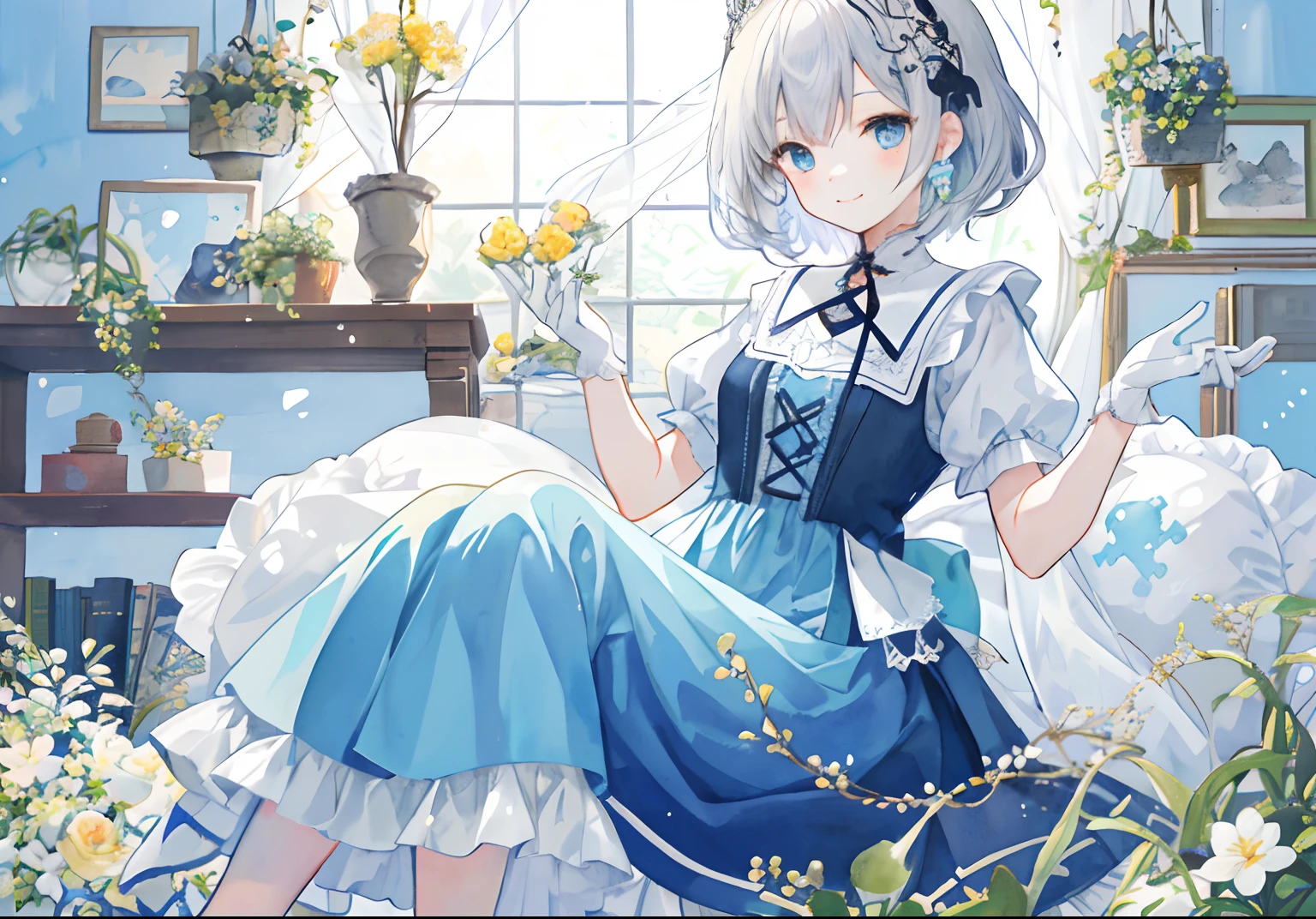 PastelColors:1.5)、(Cute illustration:1.5)、(watercolor paiting:1.2)、Light blue background、girl with、full body Esbian、A smile、Stranger、Pale yellow all over、Moya、marble、natta、window、the reef、Little light around、Particles of light、Medium Hair, Grey Hair, Yellow eyes, Hoodie, Sitting, Close your eyes and smile, pale skin, Indoors, Library, Looking at Viewer, thick outline, black outlines, --niji 5 --style cute --ar 1:1 --s 500、((masterpiece、top-quality)),1girl in, 独奏, contemportry,Black hair、One braid、gorgeous hair decoration、A slight smil、Party Venue、Dress up、Dresses with slits、light blue eyes、Cool Dresses、A smile、细致背景、chandeliers、hall、beautiful smiling face、Beautiful fece、Black lace gloves、Small tiara、Lace neck、Lace and cloth short sleeves