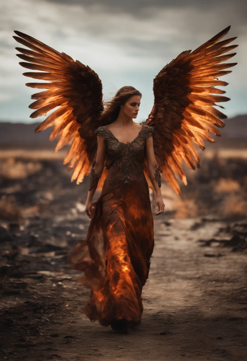 Angel with burnt wings walking along a scorched wasteland