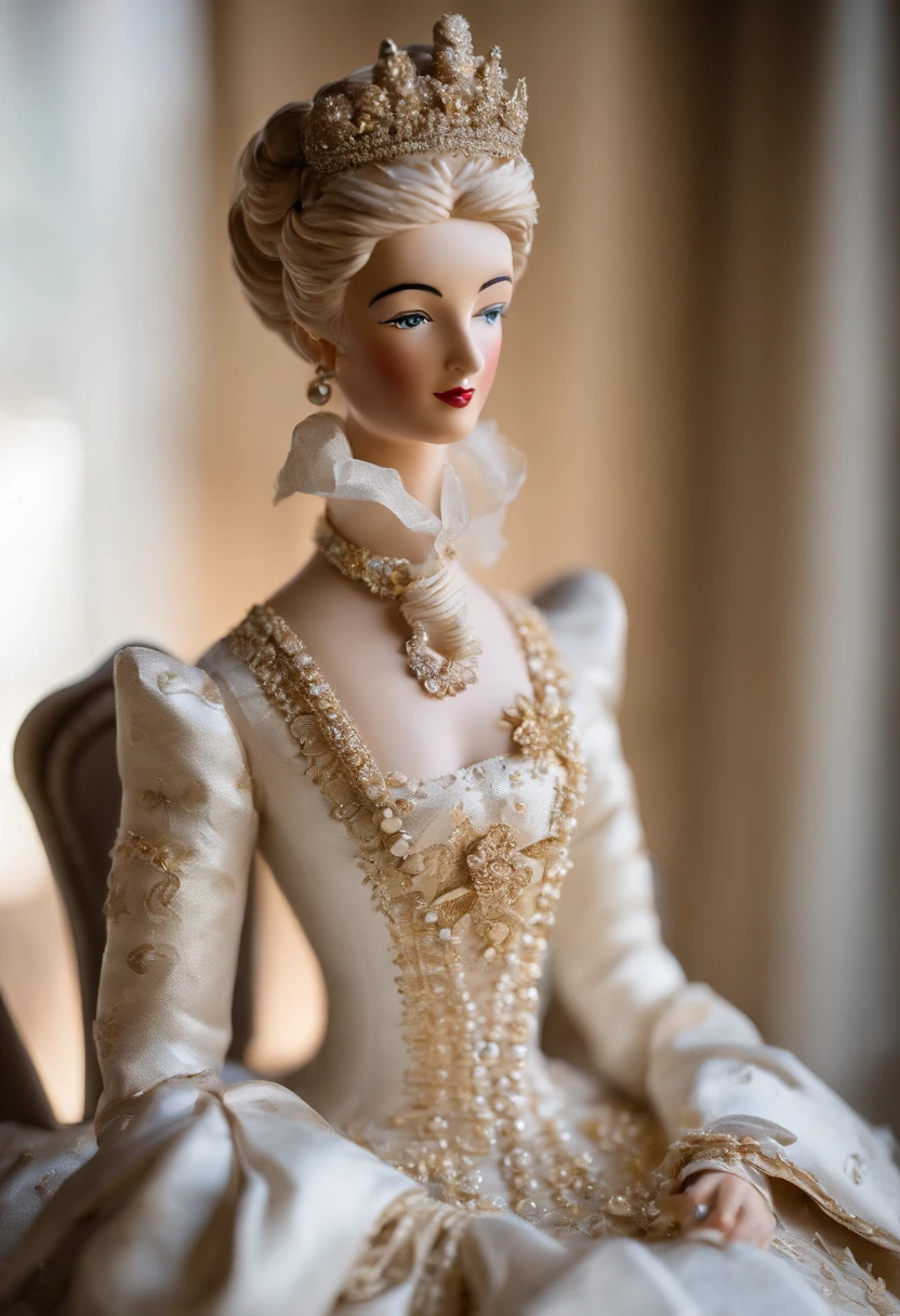 Best quality, Masterpiece, A stunningly beautiful Greer Gramer as a royal groom,Wearing a stately and delicate white satin royal dress,Decorated with a bow, frilld, embroidery, Carefully curly and styled hair