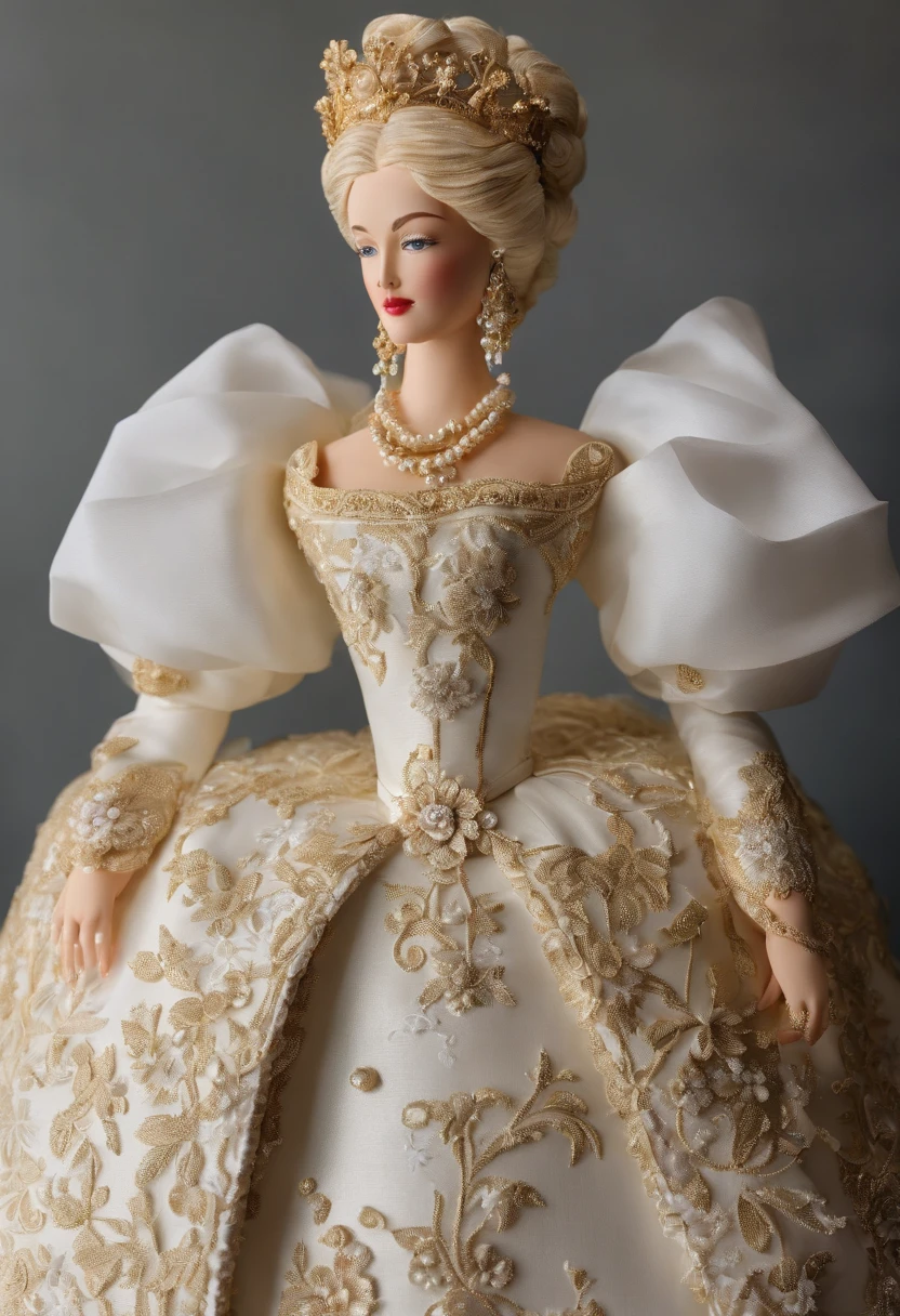 Best quality, Masterpiece, A stunningly beautiful Greer Gramer as a royal groom,Wearing a stately and delicate white satin royal dress,Decorated with a bow, frilld, embroidery, Carefully curly and styled hair