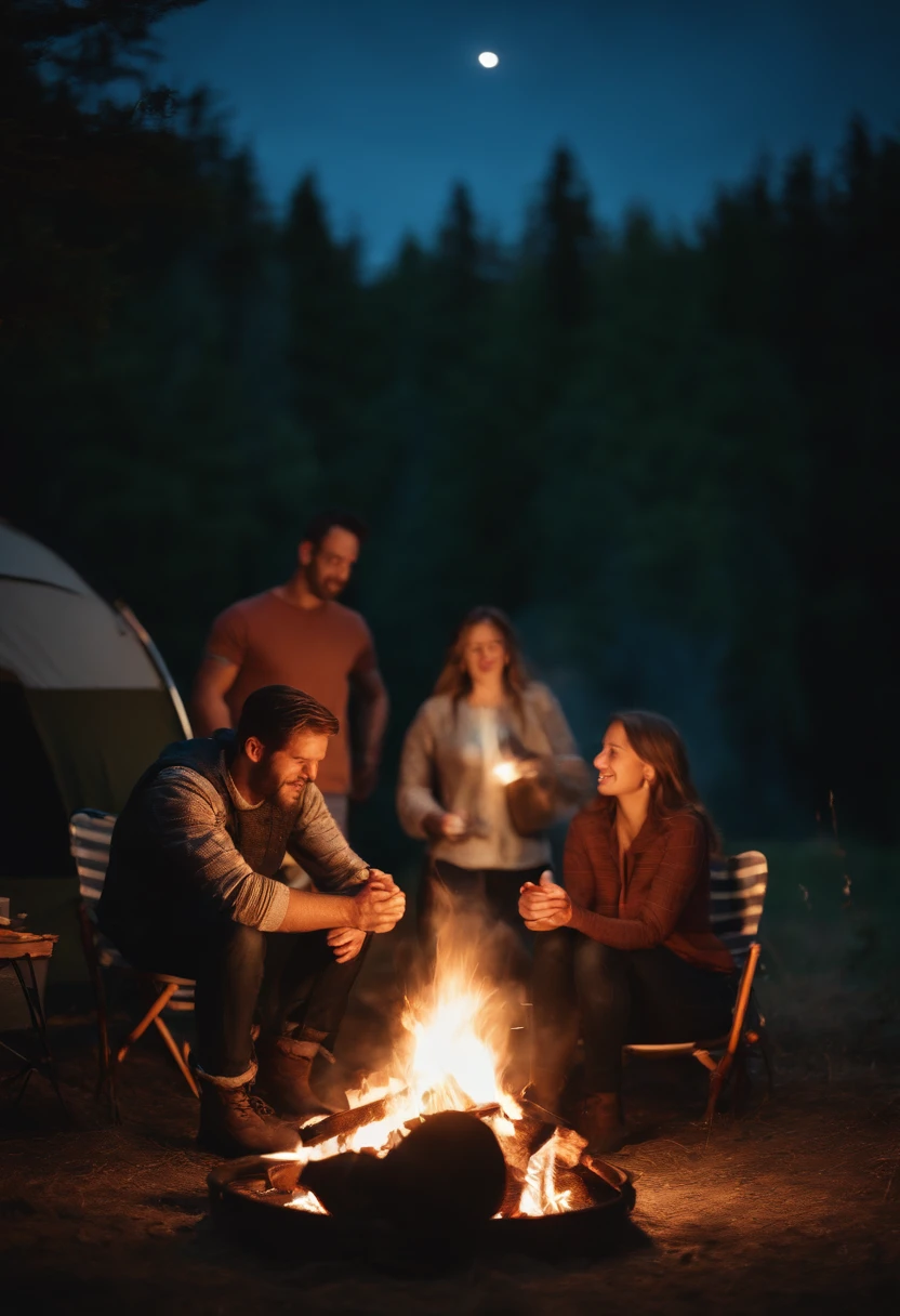 family camping, bonfire, barbecue, Time of Day: evening, Camera: DSLR, Lens: wide angle