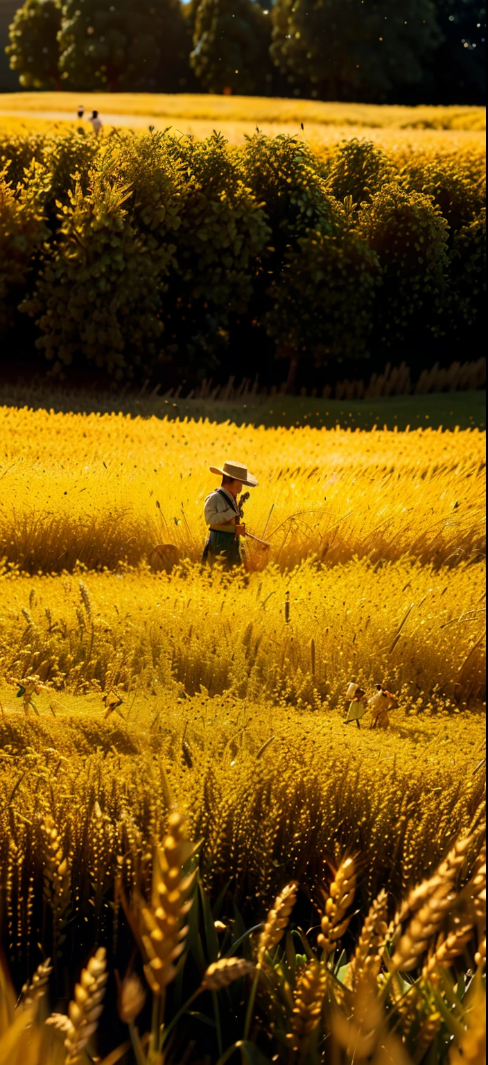 there are two figurines of men working on a field of wheat, miniature photography closeup, on the vast wheat fields, harvest, diorama macro photography, miniature photography, in a wheat field, walking in the wheat field, walking through a field of wheat, scale model photography, amazing wallpaper, artistic interpretation, an amazing photo, farmer, tilt shift photography