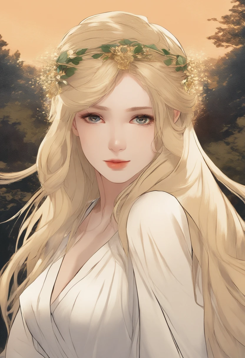 blonde hair, very long hair, halo, head wreath, mole under eye, jitome, jitome, jitome, Mannerism, Classicism, halftone, vignetting, anime style, projected inset, vanishing point, Ukiyo-e, Classicism