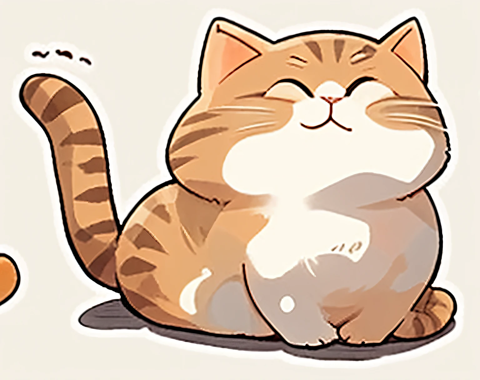 The cartoon cat sits next to a small brown with white spots, Kawaii cat, anime cat, Happy cat, fat chibi grey cat, chonker cat, a cat is smiling, Cute cat, anime visual of a cute cat, A cute cat, the cat is smiling, Fat cat, smiling cat, resin, thicc, telegraph stickers, realistic anime cat