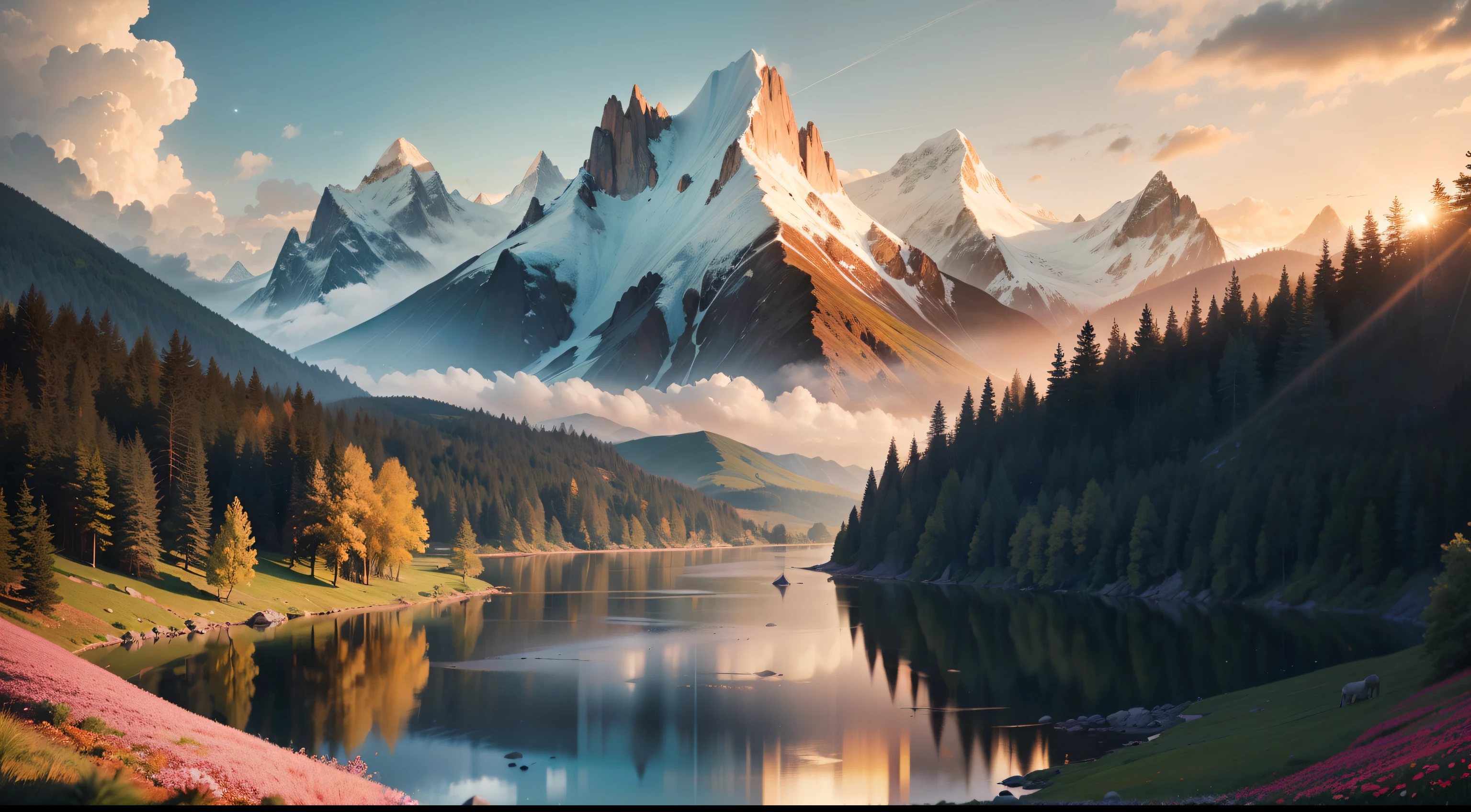 Imagine an unforgettable landscape that reveals the beauty and grandeur of God in every detail. It is a setting that transcends human understanding, where nature unites in harmony to create a divine masterpiece. In this landscape, you find yourself before majestic mountains, which rise towering towards the sky. Its heights seem to touch the clouds, while its slopes display lush vegetation, a tapestry of green hues and colorful blooming. In the valleys below, clear rivers flow serenely, reflecting the sunlight that shines brightly in the sky. Water is crystal clear, as if it were a mirror that reveals the purity and life it carries. On its banks, leafy trees offer shade and shelter to a wide variety of animals and birds, which seem to dance in harmony with nature. On the horizon, the sun sets in a divine spectacle. The golden, orange and pink colors paint the sky in a true celestial picture. It is as if God is pouring out His color palette on the world, creating a spectacle of light and beauty that is impossible to replicate. As you contemplate this magnificent landscape, you feel God's presence in a deep and comforting way. The grandeur of divine creation is evident in every detail of the landscape. Every mountain, every river, every ray of sunshine is a testimony to the power and beauty of God. In this landscape that shows the beauty of God, you feel small before the vastness and perfection of creation. It is an invitation to marvel at the divine work, to give thanks for the wonders of nature, and to feel connected to the divine. It is a reminder that God is present in all things, in the beauty of nature and in the depth of our hearts.