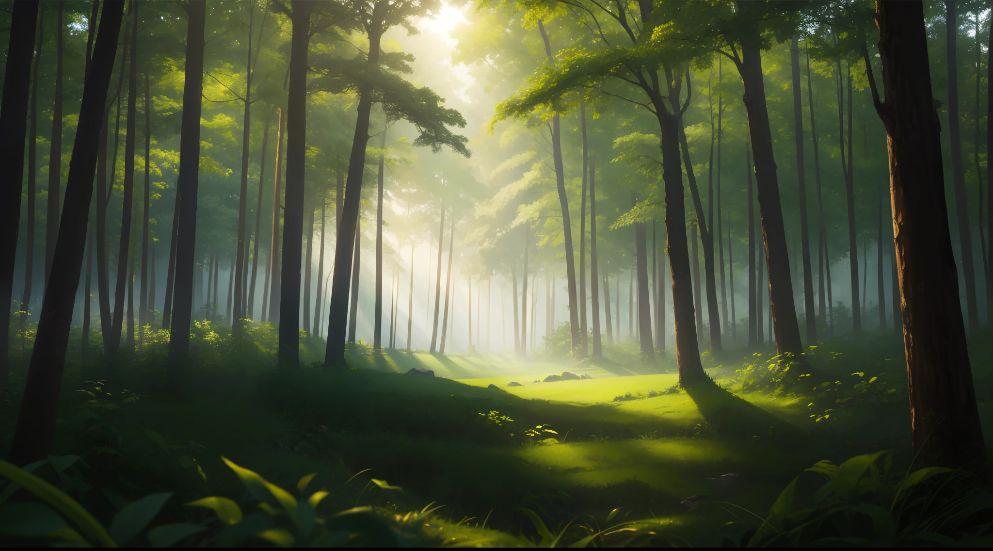 deep-forest, Bright green tree々, landscape shot, top-quality, masterpiece, Realistic, ultra-detailliert, natural soft light