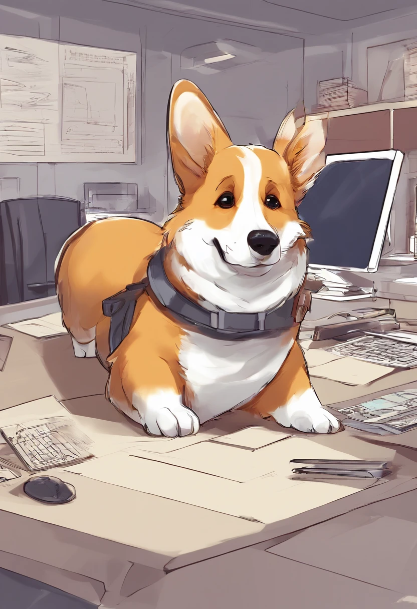 one cute Corgis dog,shaggy,working in an office,photorealestic, finedetail, A high resolution,Perfect dynamic composition