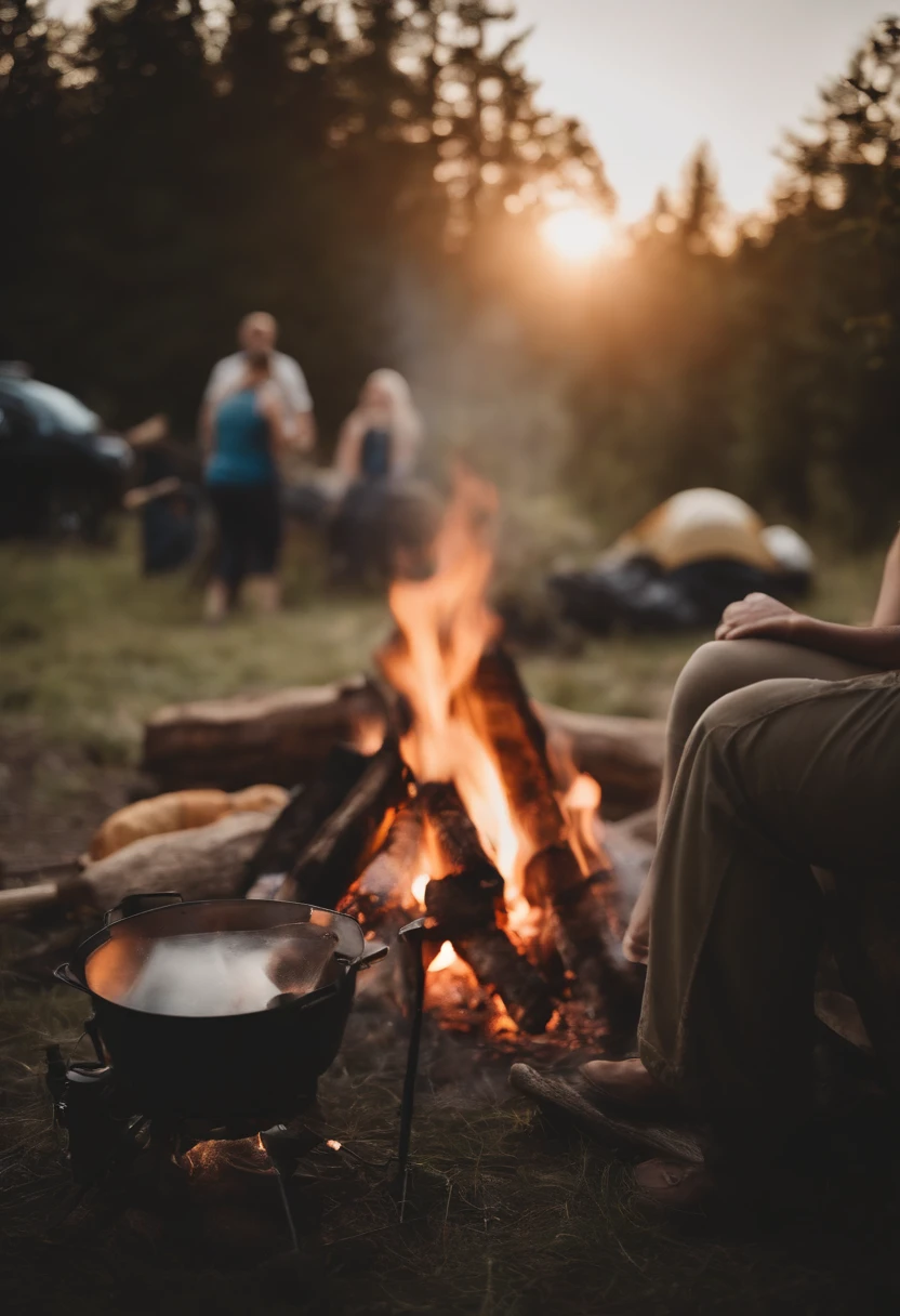 family camping, bonfire, barbecue, Time of Day: evening, Camera: DSLR, Lens: standard zoom lens