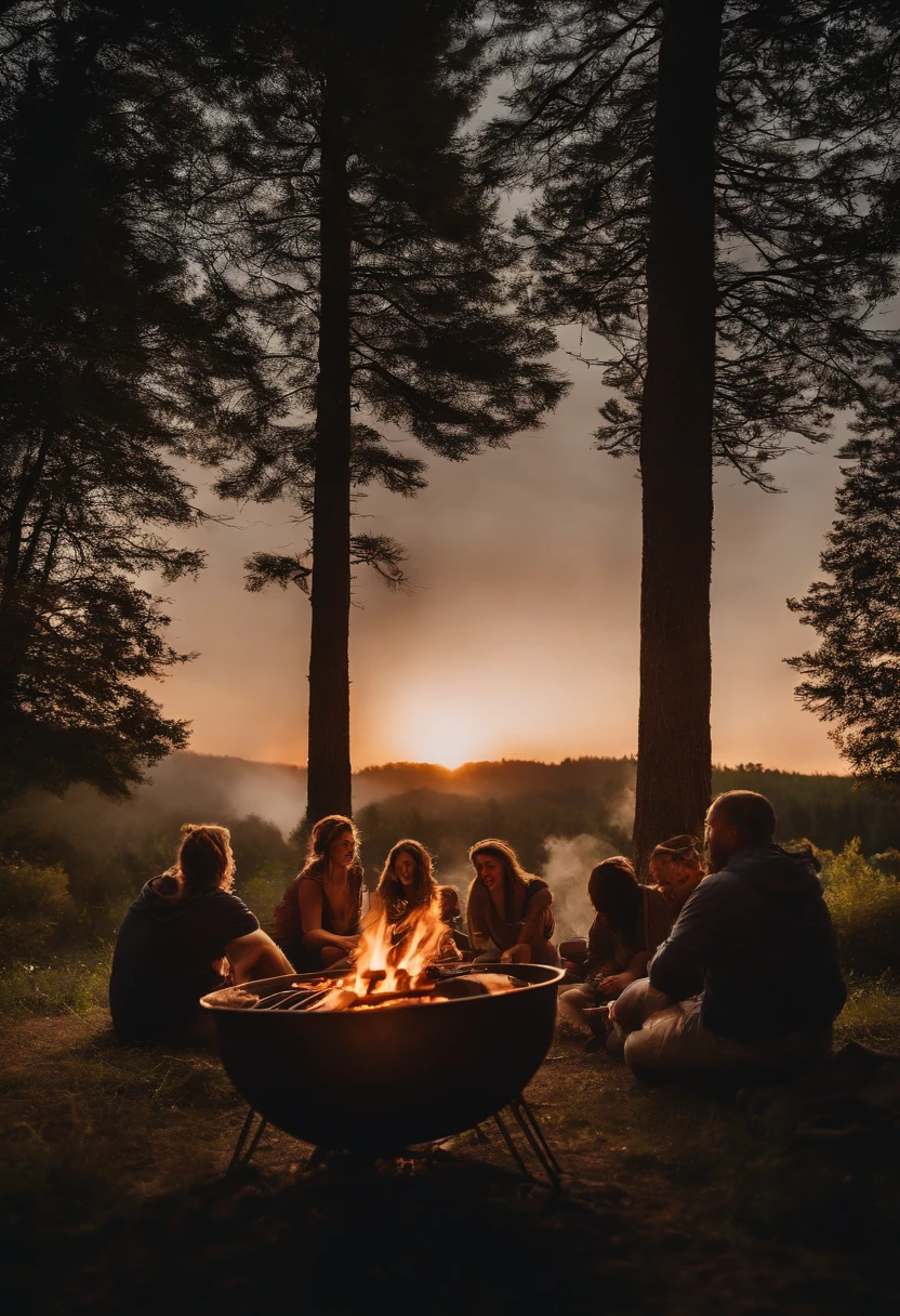 family camping, bonfire, barbecue, Time of Day: evening, Camera: DSLR, Lens: standard zoom lens