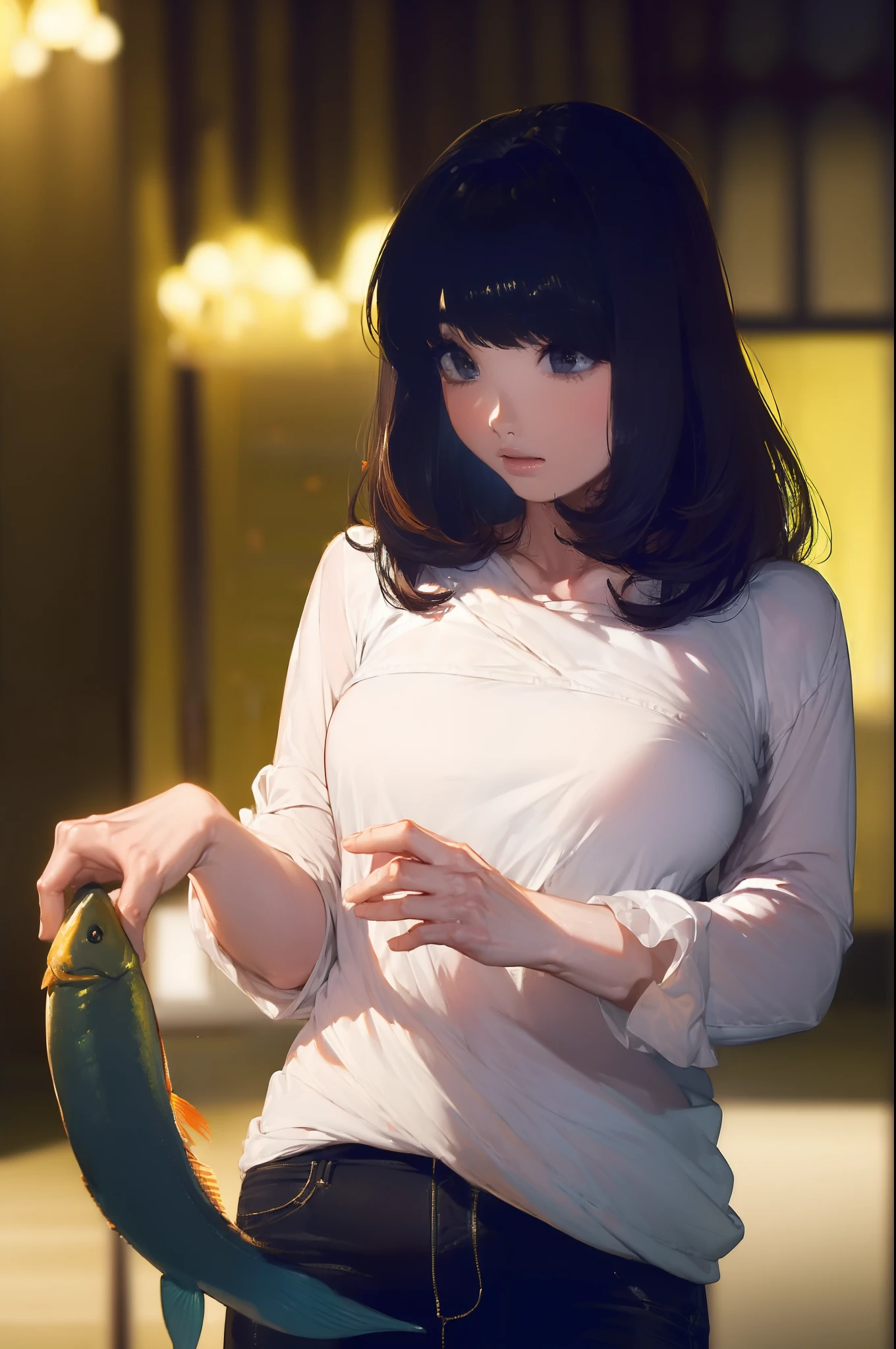 ((((catching a big fish by the lakeside:1.5)))),((Female 28 years old)),((Best Quality:1.5)),(((Hands with the correct number and structure of fingers:1.4))),((Big fish:1.37)),hight resolution,ultra-detailliert,​masterpiece,best qualtiy,(Eight-headed body),Black hair, long eyes-lashes, Solid Circle Eyes, drop shadow, Atmospheric perspective,Super Detail, ccurate, small brest,(Black jacket and black jeans :1.1),top-quality, blurry backround, bokeh dof:1.2, (​masterpiece:1.3),  Atmospheric perspective,Super Detail,dynamic compositions,