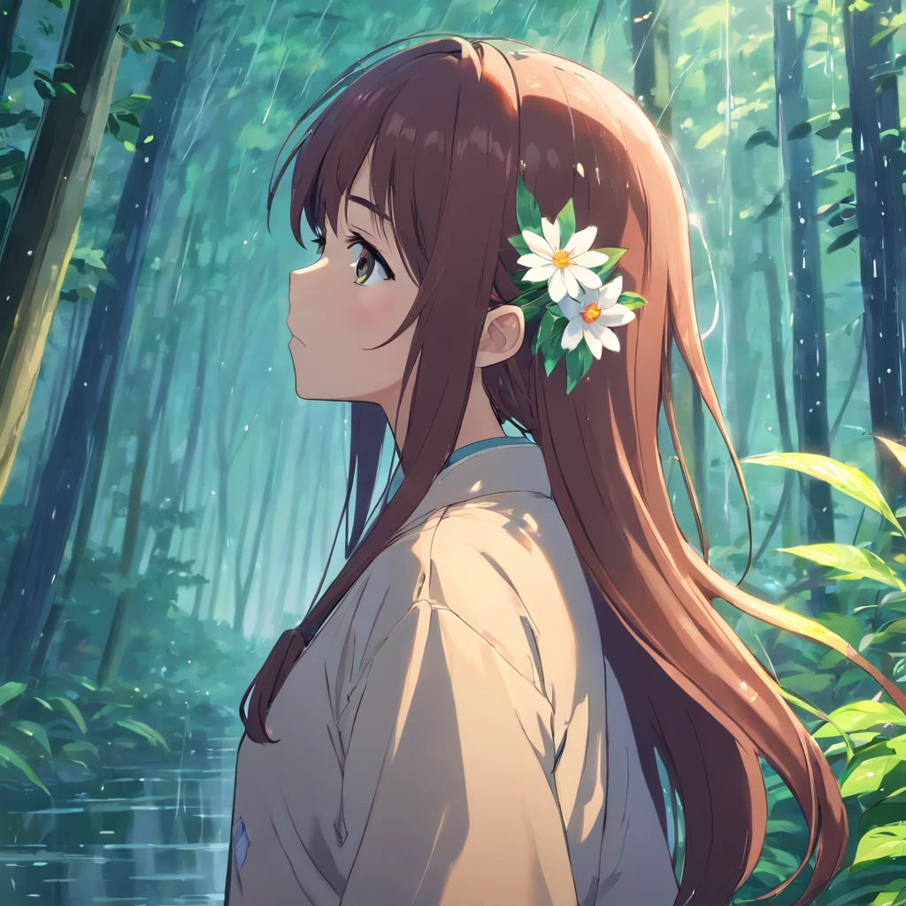 anime girl with long hair and flower in her hair, Beautiful anime artwork, style of anime4 K, Anime art wallpaper 4k,Rainy days，janelas，the woods，Rain drops，Background with，Girl's back
