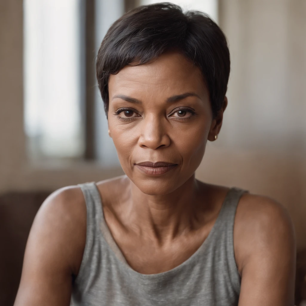 Black woman, 50 year old, wrinkles on the forehead, black short hair with some gray strains, skinny, small boobs, saggy boobs, dressed with a tshirt sitting on a chair smoking a cigarette