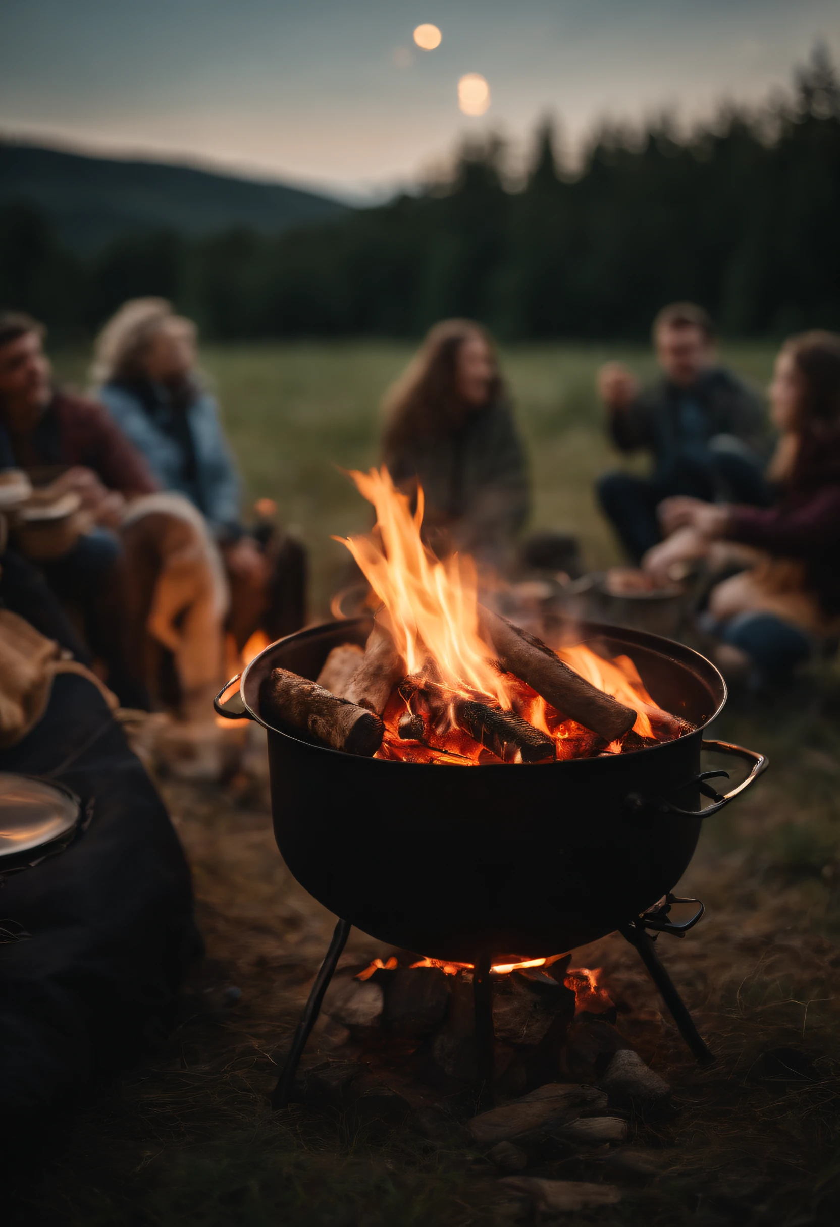 family camping, bonfire, barbecue, Time of Day: evening, Camera: DSLR, Lens: standard zoom lens