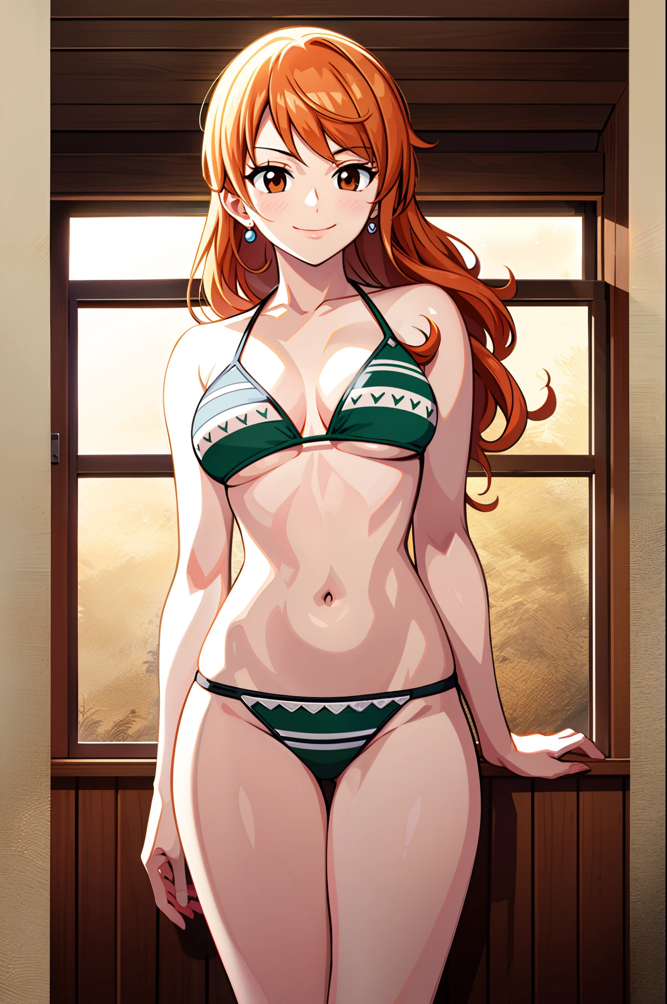masutepiece, ((hyper detailed background, Delicate pattern, intricate detailes)), (Highly detailed, Fine details), Best Quality, Beautiful lighting, ((medium breasts, Slim Girl)), Nami Final, (The bikini)), Simple shirt, 1girl in, Orange hair, Solo, Long hair, Jewelry, Brown eyes, Smile, earrings, Covered shoulders, (intricate detailed background, Inside, Room environment, wood walls, window, llight rays), (Cowboy Shot),