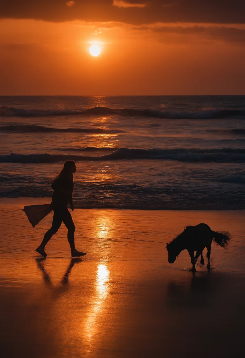 the night,sandbeach,Two running agers,A horse dog,fire works