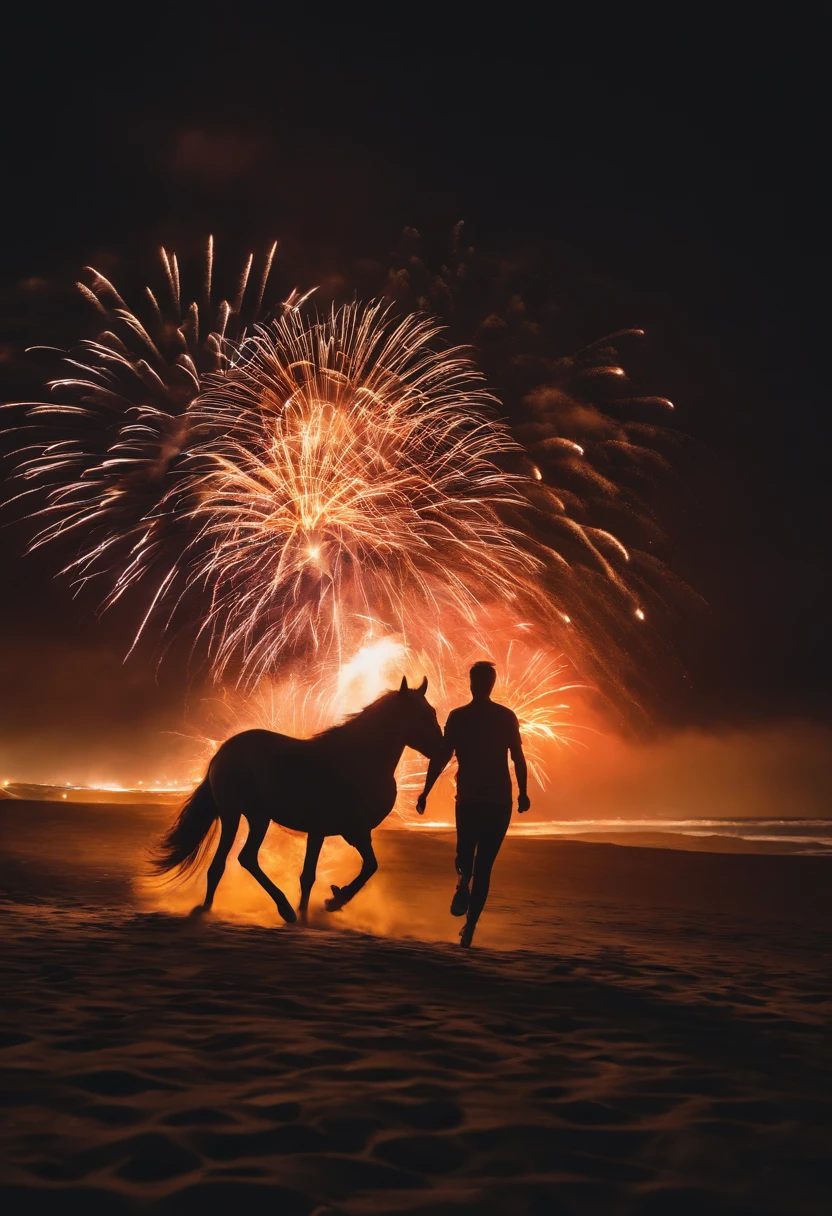 the night，sandbeach，Two running teenagers，A horse dog，fire works