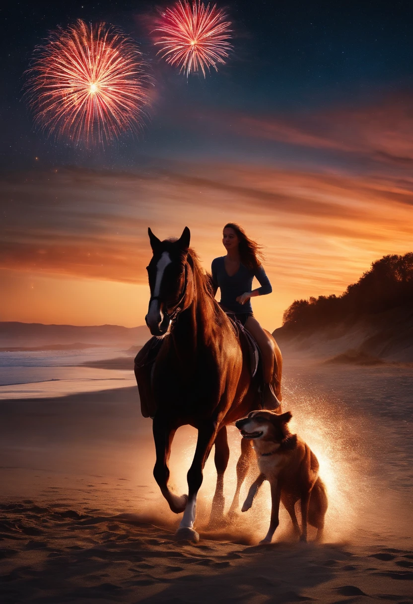 the night,sandbeach,Two running agers,A horse dog,fire works