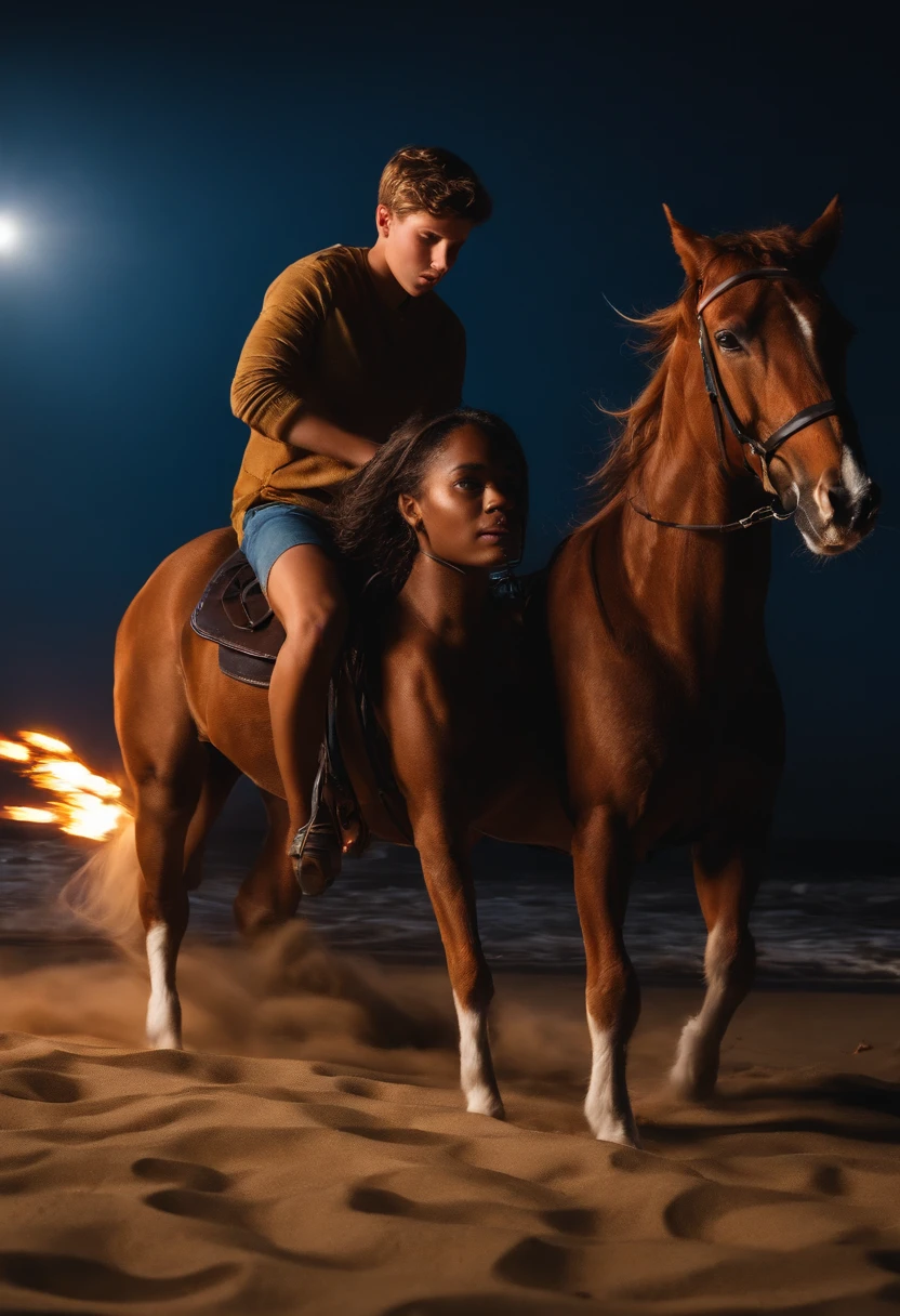 the night，sandbeach，Two running teenagers，A horse dog，fire works