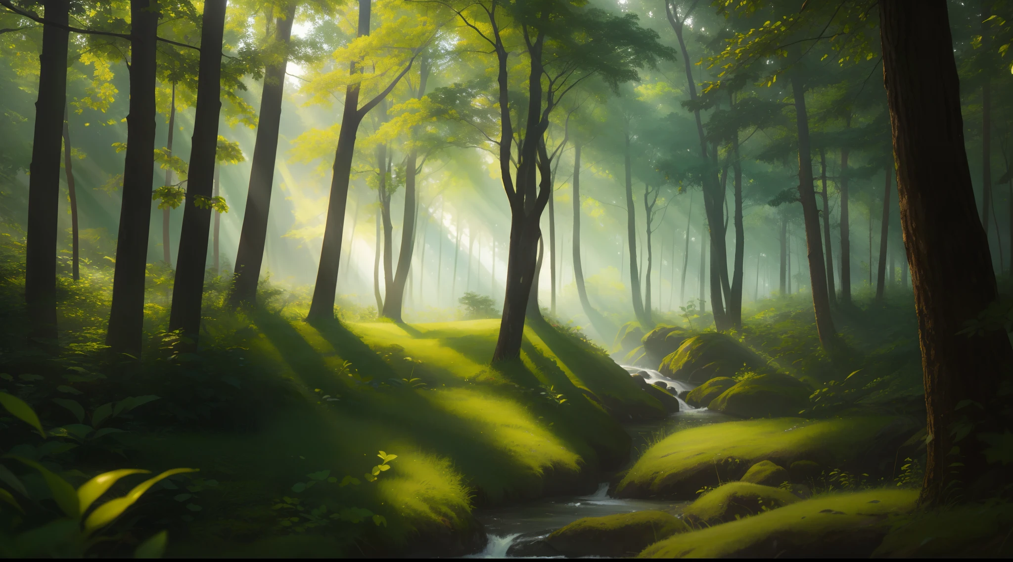 deep-forest, Bright green tree々, landscape shot, top-quality, ​masterpiece, Realistic, ultra-detailliert, natural soft light