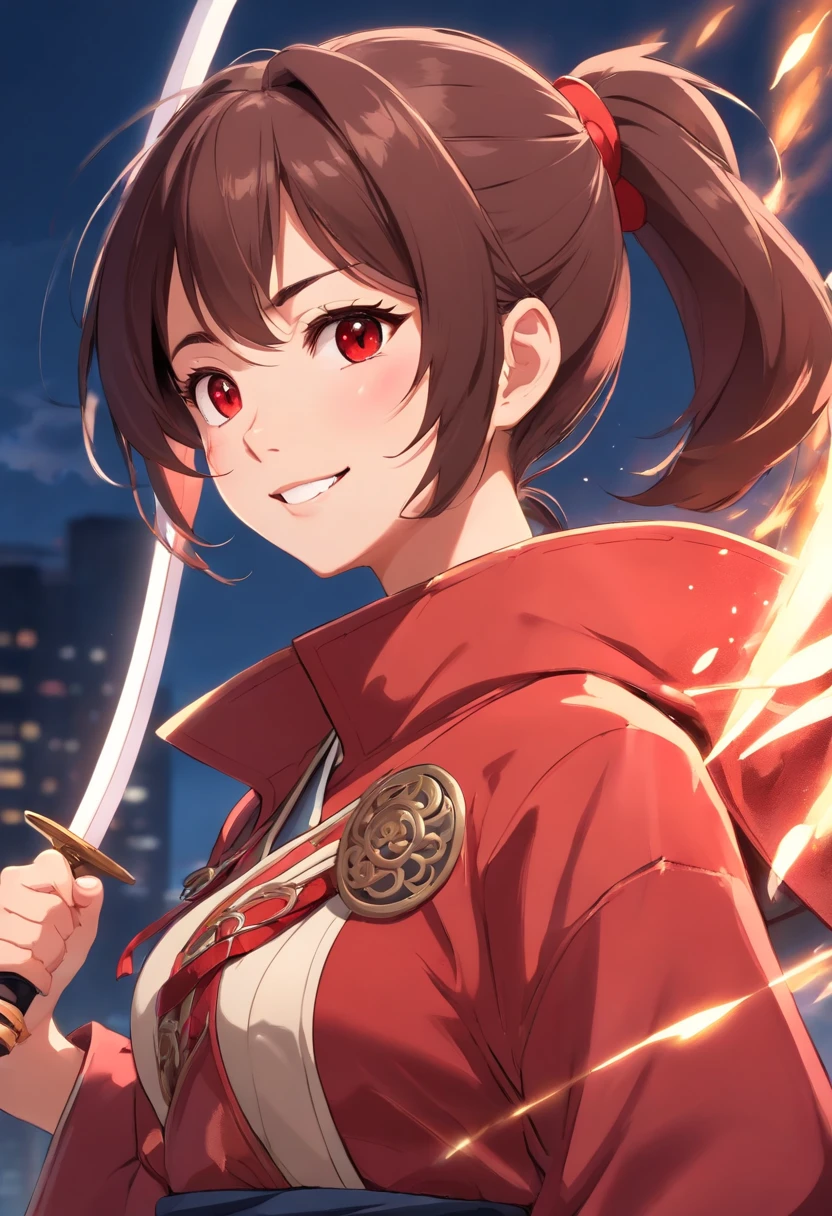 (Female Warrior, Black high ponytail, Brown eyes, softl smile, rosycheeks), ((Red coat)), (Chinese Ancient Times), ((Detal Face, full bodyesbian))