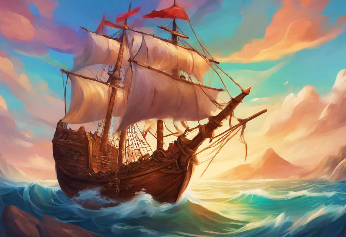 A digital painting of a wooden sailing ship, concept art style