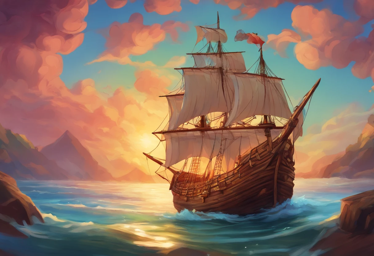 A digital painting of a wooden sailing ship, concept art style