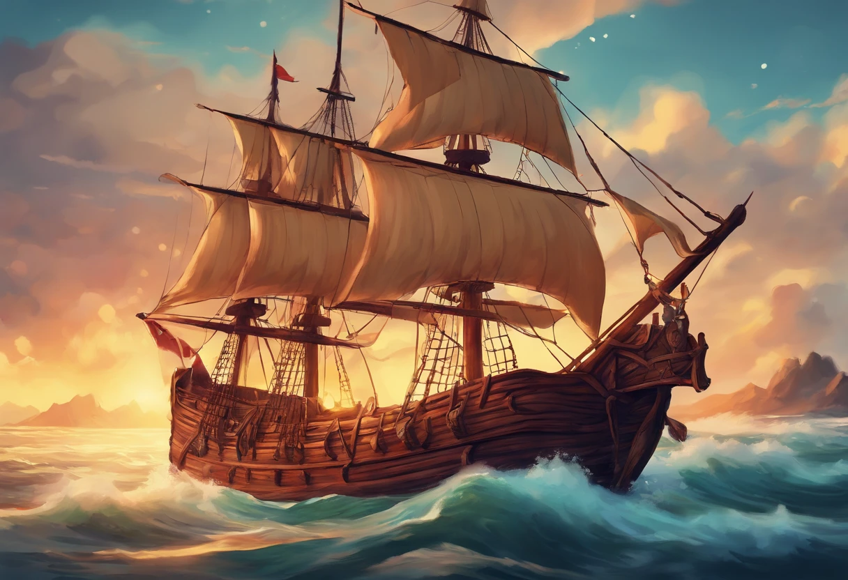 A digital painting of a wooden sailing ship, concept art style