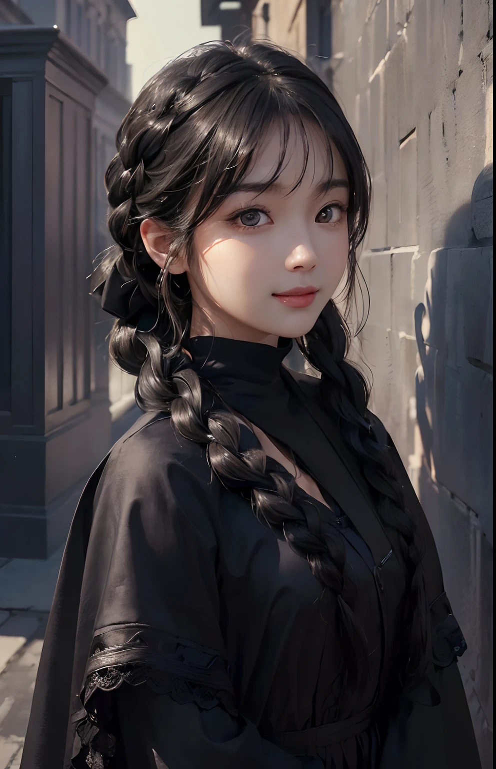 (A hyper-realistic)、(illustratio)、(hight resolution)、(8K)、(ighly detailed)、(Best Illustration)、(beautifully detailed eyes)、(top-quality)、(ultra-detailliert)、(​masterpiece)、(wall-paper）、（A detailed face）、独奏、1 girl in、looking at viewert、fine detailed、A detailed face、in the darkness nigth、deep-shadows、lowkey、pureerosfaceace_v1、A smile、long、Braided hair、Black shawl straight hair、46-point diagonal bangs