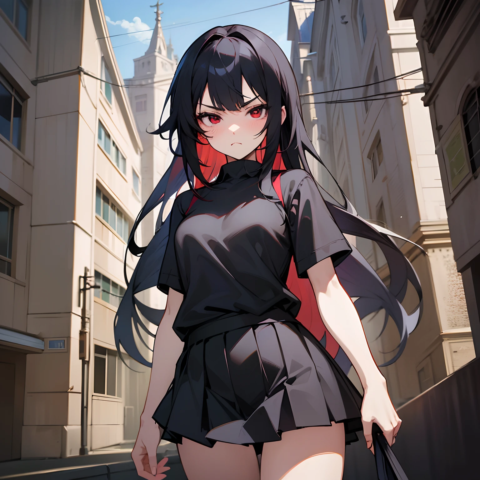 This is a picture of a girl that is mad at the viewer, masterpiece, 8k, black hair, dark red eyes,black shirt, black miniskirt, sharp eyes, sharp face, tsundere,very highly detailed bedroom, anime style