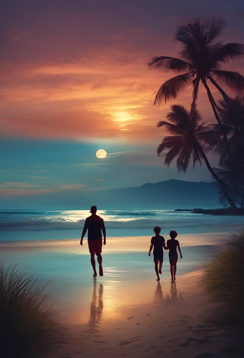 Tropical sandy beach at night,Calm sea,Fireworks blooming in the sky,Two running agers,A dog,Faraway view