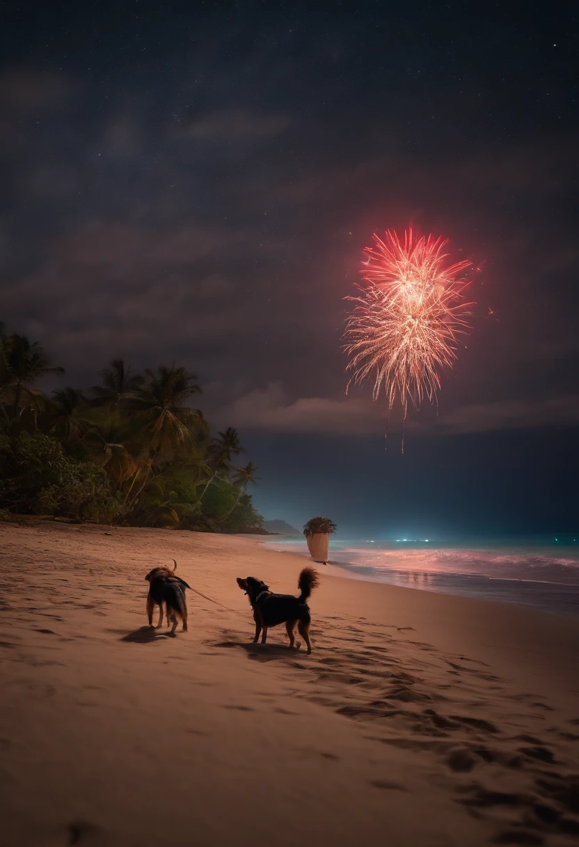 Tropical sandy beach at night,Calm sea,Fireworks blooming in the sky,Two running teenagers,A dog,Faraway view