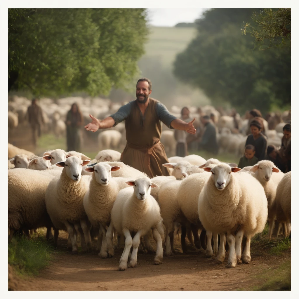 Job surrounded by his large family and huge flocks of sheep: of Job smiling with his wife and many children around him, com rebanhos de ovelhas cobrindo colinas verdes ao fundo