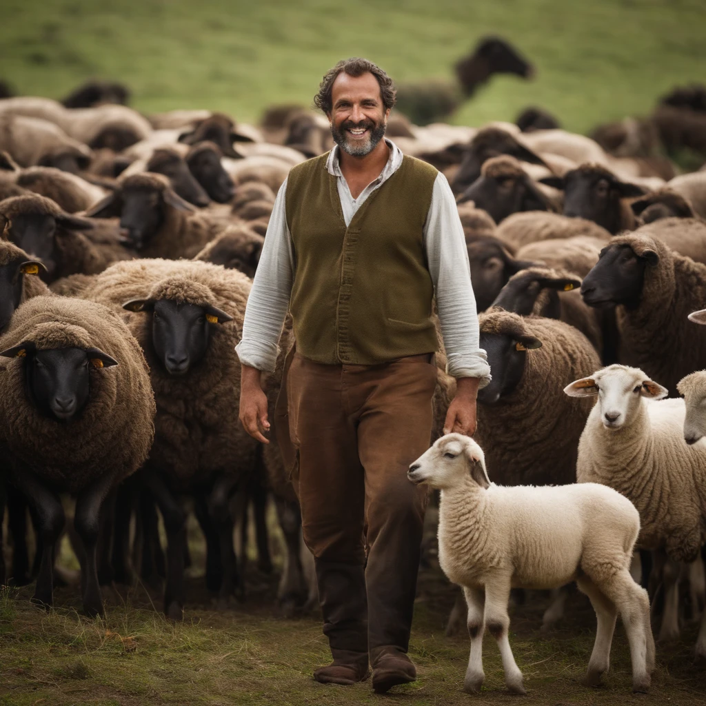 Job surrounded by his large family and huge flocks of sheep: of Job smiling with his wife and many children around him, com rebanhos de ovelhas cobrindo colinas verdes ao fundo