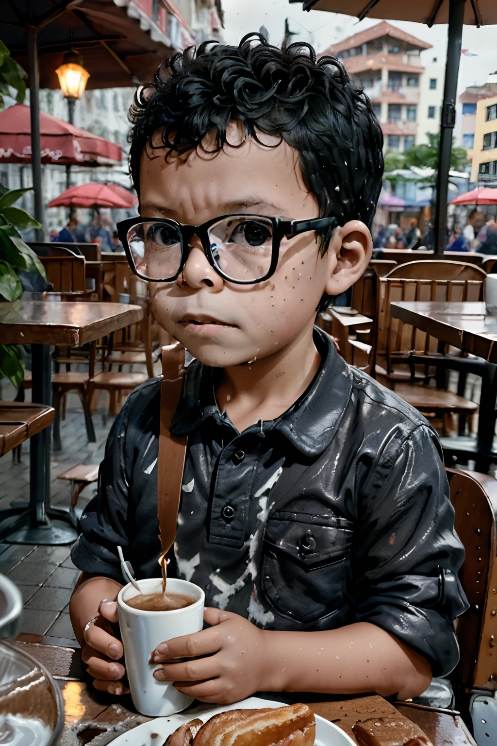 loranerdinho1, Create an exceptionally detailed and hyper-realistic portrait of a 3-year-old boy wearing glasses. He's sitting in an outdoor café in a rainy, Cidade cinzenta, holding a cup of coffee in his tiny hands as a croissant rests on the table. The mood is gloomy, with rain leaving the ground around the boy wet. The image should capture the subtleties of the boy's features and the atmosphere of the (((dia chuvoso com detalhes meticulosos))). Use Octane rendering for realistic textures and lighting. The resolution should be an impressive 8K, ensuring extraordinary clarity and precision.