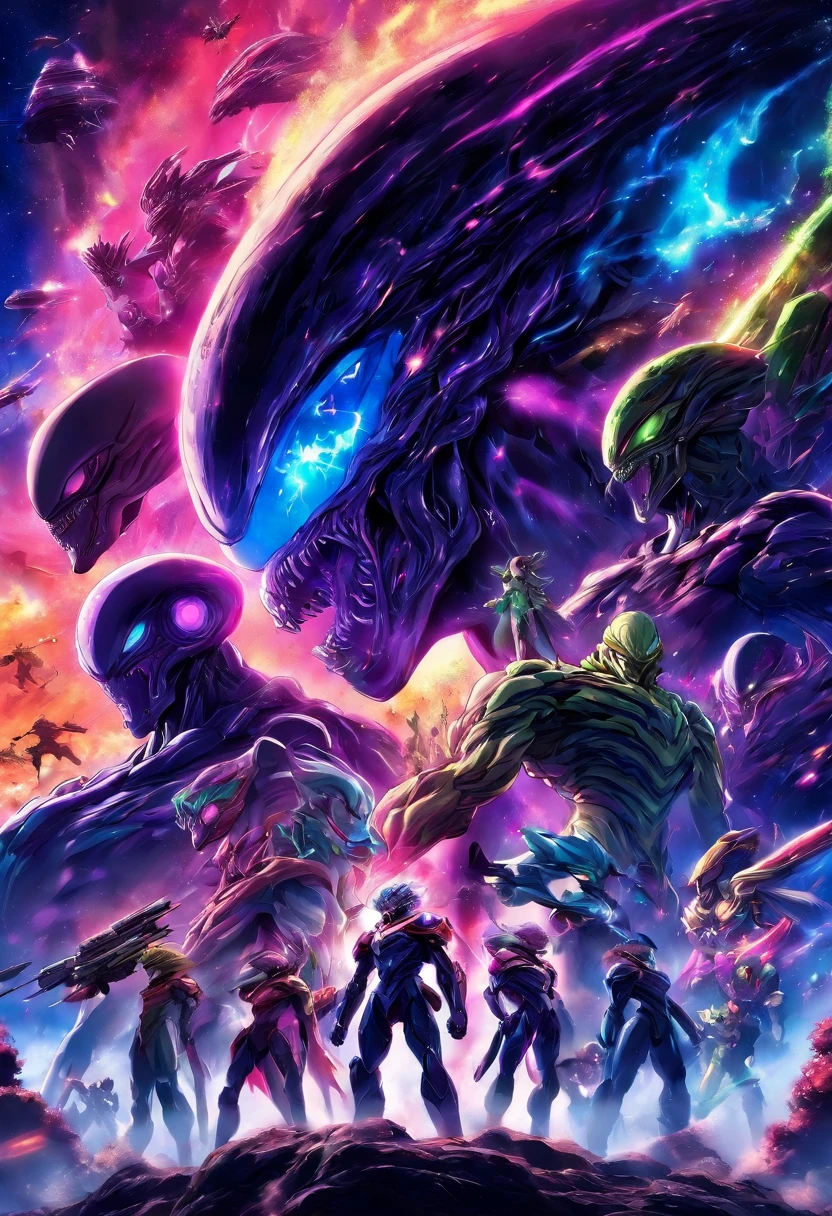 Craft a captivating movie poster that depicts the epic clash between humanity and an advanced alien race. Showcase the looming threat of the alien invaders, the resilience of human defenders, and the otherworldly technology and landscapes, capturing the essence of an intergalactic war for survival