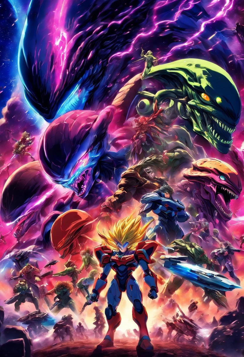 Craft a captivating movie poster that depicts the epic clash between humanity and an advanced alien race. Showcase the looming threat of the alien invaders, the resilience of human defenders, and the otherworldly technology and landscapes, capturing the essence of an intergalactic war for survival