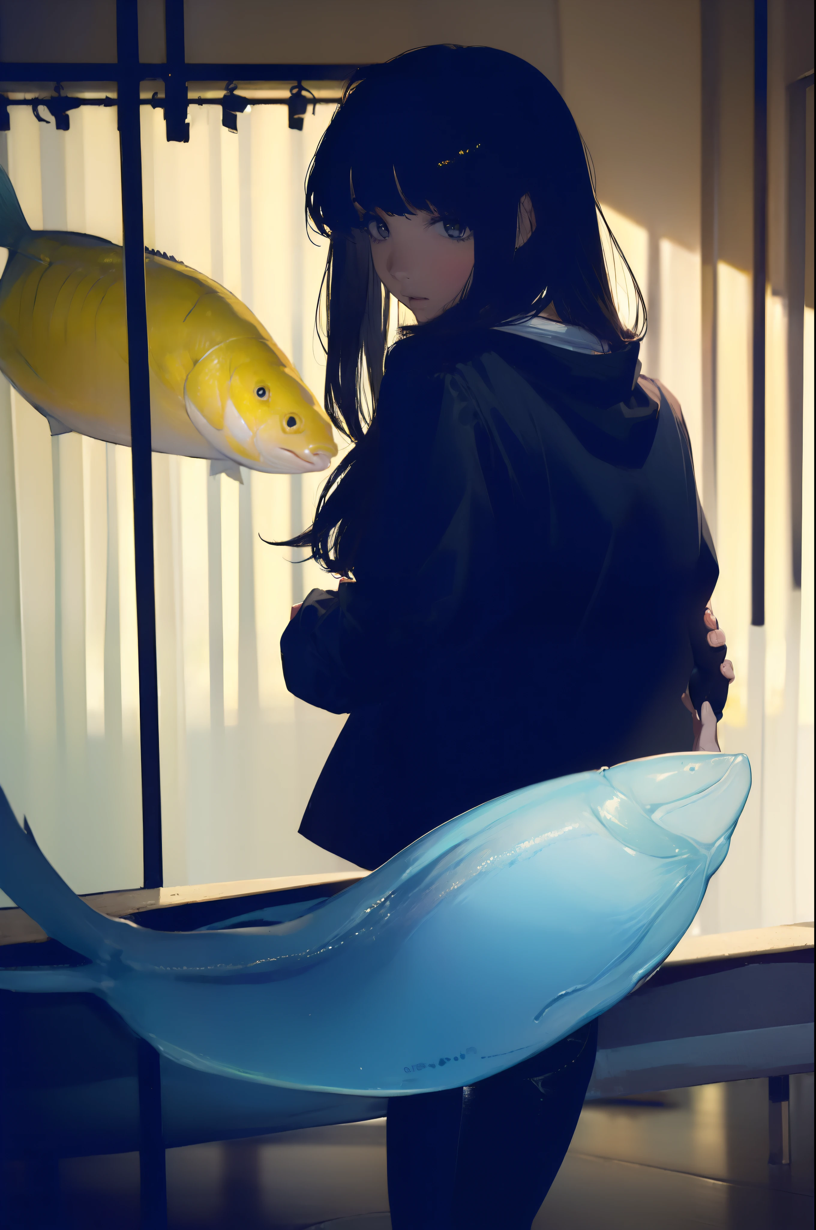 ((((catching a big fish by the lakeside:1.5)))),((Female 28 years old)),((Best Quality:1.5)),(((Hands with the correct number and structure of fingers:1.4))),((Big fish:1.37)),hight resolution,ultra-detailliert,masterpiece,best qualtiy,(Eight-headed body),Black hair, long eyes-lashes, Solid Circle Eyes, drop shadow, Atmospheric perspective,Super Detail, ccurate, small brest,(Black jacket and black jeans :1.1),top-quality, blurry backround, bokeh dof:1.2, (masterpiece:1.3), Atmospheric perspective,Super Detail,dynamic compositions,