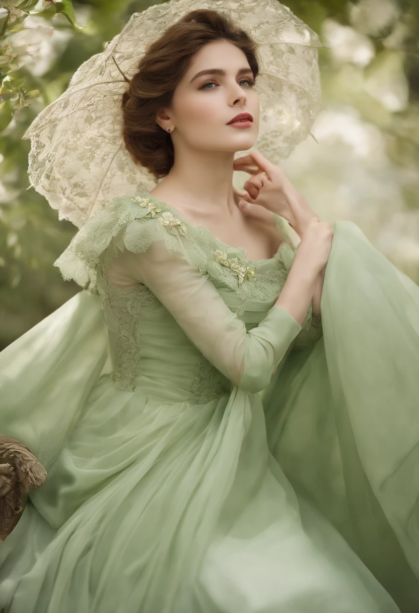 ((High-quality work)), The lines are clear and clean, The green dress is complemented by beautiful pleated lace, It enriches the layering of the whole picture, Elegant Edwardian lace dresses and princess dresses add quite a bit to the characters, The gesture of the hand behind the back , It also shows the gentle and elegant side of women.