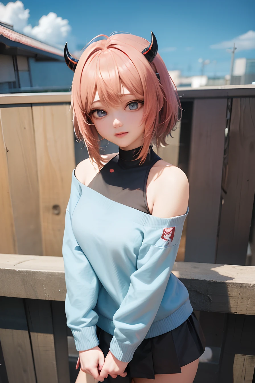 anime girl with horns and blue eyes standing on a rooftop, painted in anime painter studio, anime moe artstyle, anime visual of a cute girl, rin, anime style 4 k, made with anime painter studio, smooth anime cg art, anime girl named lucy, young anime girl, anime style. 8k, an anime girl, anime style portrait,anime realistic, realistic anime,3D anime,anime3D, HD
