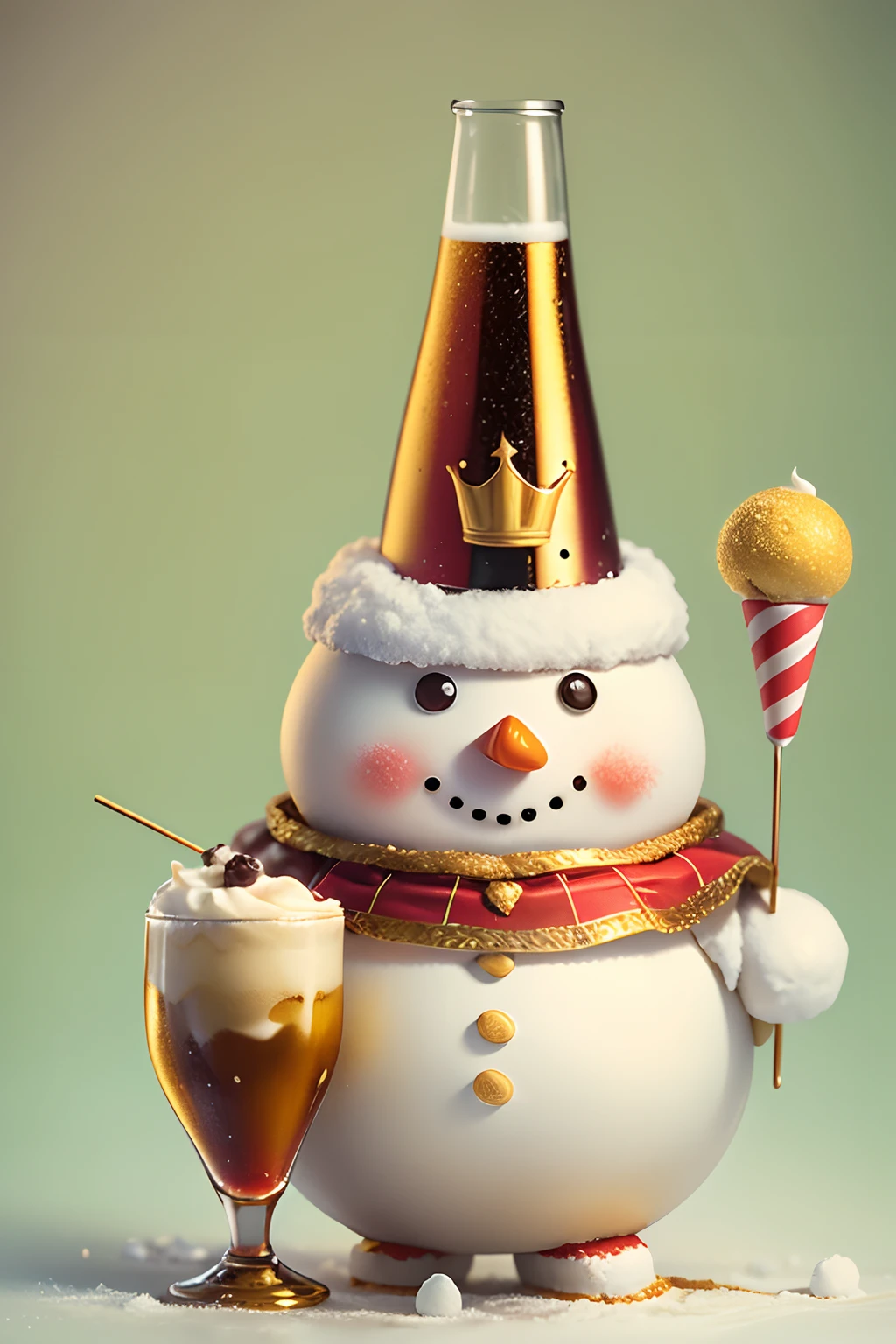 (The cute fat snowman wears a small golden crown on his head,Red cape). A large glass of beer,Top with cream and colored ice cream balls,Chocolate chips,High quality,Creative,Cool