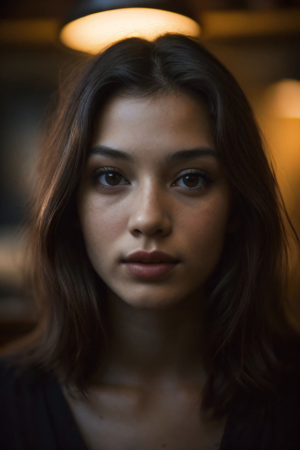 (close-up, editorial photograph of a 21 year old woman), (highly detailed face:1.4) (smile:0.7) (background inside dark, moody, private study:1.3) POV, by lee jeffries, nikon d850, film stock photograph ,4 kodak portra 400 ,camera f1.6 lens ,rich colors ,hyper realistic ,lifelike texture, dramatic lighting , cinestill 800,