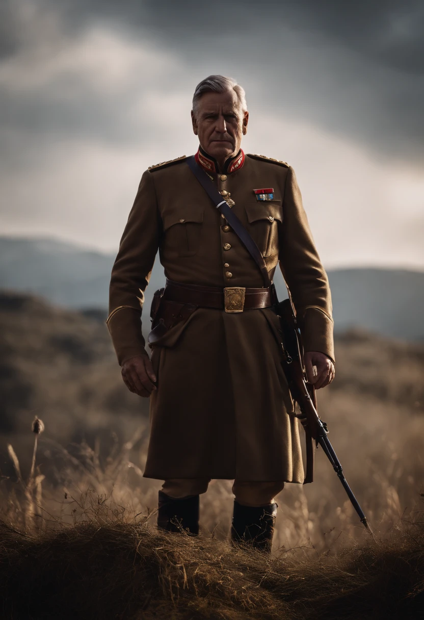 Portrait of a 40-year-old man, Dressed in military style, A manly face, expressive eyes, shingle, hair with graying, Military clothing, detailing, 4k