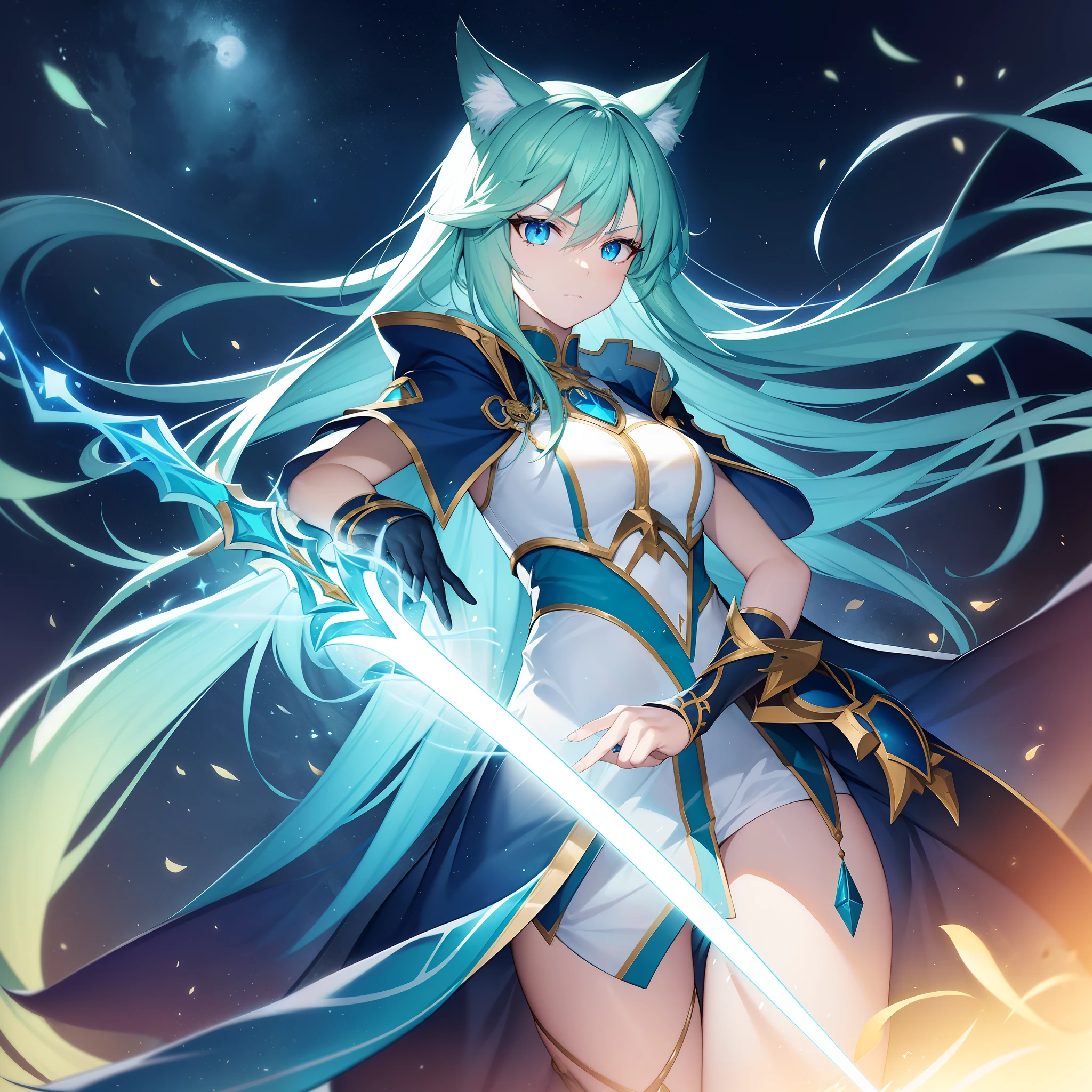 Cat's ears,Her hair is green and straight long hairstyle, ,Her skin is pale, Adult women,,Ultra High Definition Crescent Moon Feast Sky, Set in a complex castle town, Empty eyes,Face Focus, sanpaku, Teary-eyed, Mouth half open,,Swirling rainbows and lights on complex background、It enveloped me like a brave interstellar serpent,,Blue lightning sword in left hand、Holding a flaming sword in his right hand,Unleash dual-wielding style, Highest Quality, Carry a green cloak with war maiden decorations,Raise the railgun, ((Tears))((Proud)), 8 Blue Light Sword,Blade of Light,Lens Flare, Big rainbow,The moon shines,Star chips, bloom, ((light glow)), chromatic abberation], Digital Painting, Insane details, Intricate details, Beautifully color graded, Unreal Engine, Cinematic , colour grading, Editorial Photography , Photography, Photo Shot, Shot on 70mm lens, depth of fields, degrees of freedom, Tilt Blur, Shutter Speed 1/1000, h/22