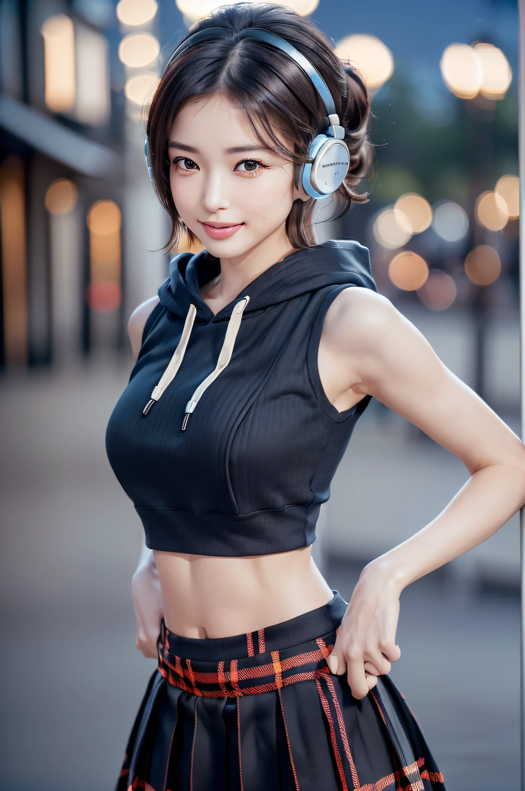 A extremely Cute and Beautiful Pictures of Japan Woman, (22 years old: 1.1), ((cowboy shot:1.3)), ((soft bar lighting: 1.3), (Backlight: 1.3), Full Body Lighting, (face soft lighting), Look Straight, Cinematic Angle, Graceful standing, ((arms behind back:1.3, arms down)), (((night situation:1.5))), (walking and singing at night park:1.3), (attractive:1.3), (wearing a headphone:1.5), Blake, punk look:1.3, (black crop-top hoodie:1.3, plaid-pattern box-pleats-skirt:1.3), knee-high-over-boots:1.3, BREAK, (dark brown eyes, beautiful eyes, princess eyes), (shiny-black hair:1.3, Hepburn style chignon hair:1.3, bangs, hair between eyes, medium-length hair), (slender, abs), (medium breasts:0.95), (thin waist:1.25), solo, (parted lips, pink glossy lips), (beautiful clean skin), (seductive princess smile: 1.25, closed mouth:1.2), (4fingers and thumb:1.3, perfect human hands. detailed human hands), BREAK, (Realistic, Photorealistic: 1.37), (Masterpiece, Best Quality: 1.2), (Ultra High Definition: 1.2), (RAW Photo: 1.2), (Sharp Focus: 1.3), (Face Focus: 1.2), (Ultra Detailed CG Unified 8k Wallpaper: 1.2), (Beautiful Skin: 1.2), (Pale Skin: 1.3), (Hyper Sharp Focus: 1.5), (Super Sharp Focus: 1.5), (Beautiful Face: 1.3), (Ultra Detailed Background, Detailed Background: 1.3), (perfect female body), ((frame the head:1.3)), perfect anatomy, perfect proportions, 8.5 life-size, face focus, ultra-realistic photos, ultra-clear images, ultra-detailed images,